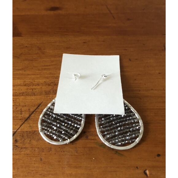 Marlyn Schiff Silver Teardrop Black Druzy Beads Dangle Drop Earrings Hook NWOT - Picture 6 of 10
